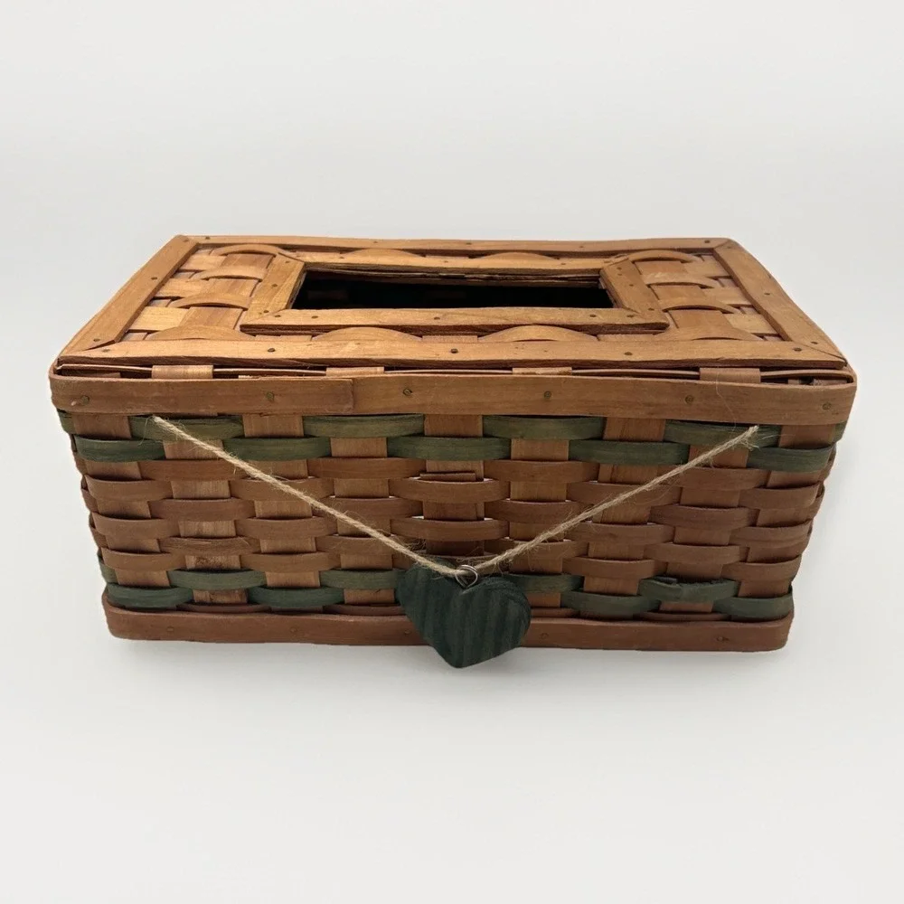 Longaberger Style‎ - Woven Wood Tissue Box Cover Heart Charm Basket Decor